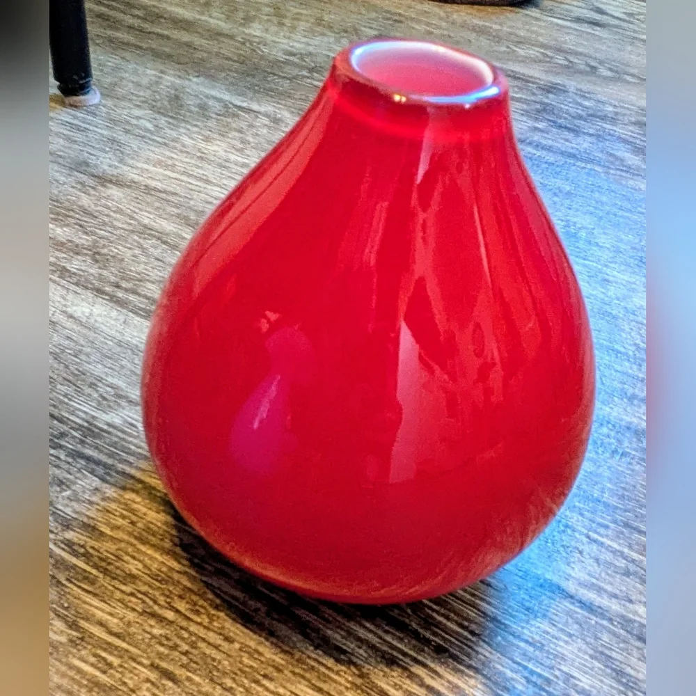 Crate & Barrel Lucy Cherry Red White Poland Cased Hand Blown Glossy Glass Vase.